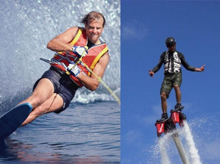 Enthusiastic guests during water sports lessons, featuring water skiing and flyboarding, offered by Jayne's Luxury Rentals