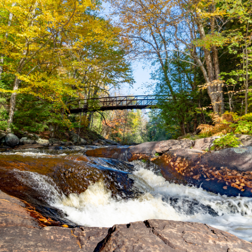 Vibrant autumn scene with rushing river and rustic bridge in Huntsville, Muskoka, Ontario, highlighted by Jayne's Luxury Rentals