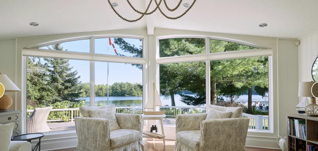 Cozy lakeside view from Frog's Leap living area, Bracebridge, Ontario - Jayne's Luxury Rentals